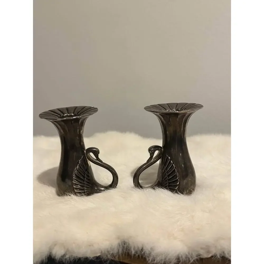 Whimsical Elegant Vintage Heavy Silver Plate Swan Candle Holders - Set of 2